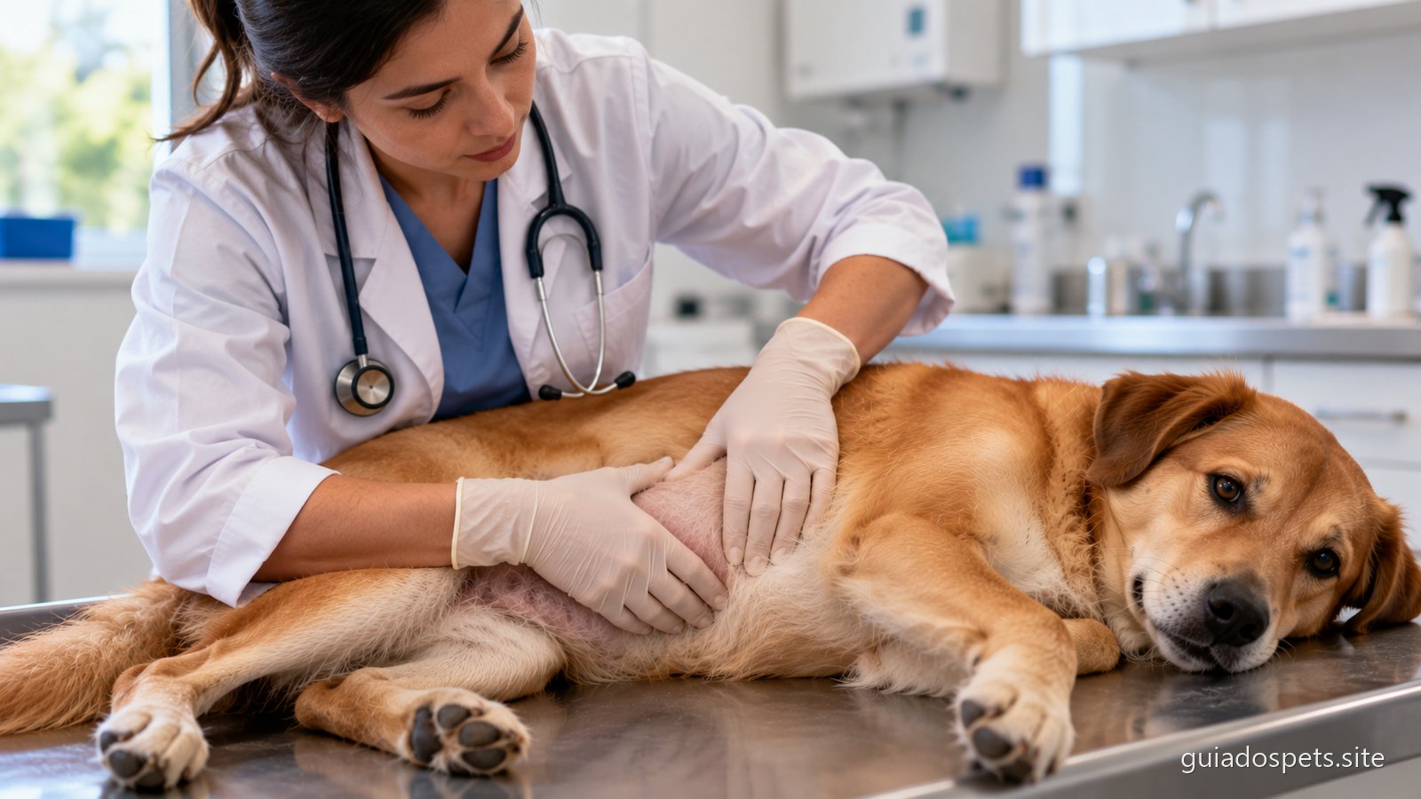 Veterinária de jaleco apalpando a barriga de um cachorro deitado de lado sobre a mesa de atendimento