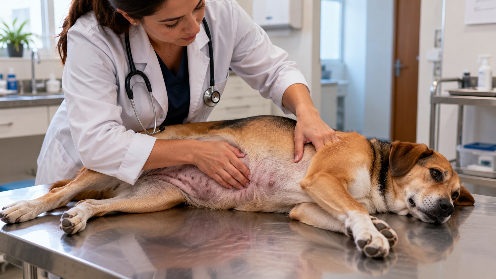 Veterinária de jaleco apalpando a barriga de uma cadela deitada de lado na mesa de atendimento da clínica