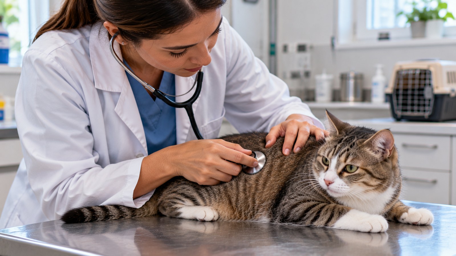 Veterinária de jaleco auscultando com estetoscópio uma gata deitada na mesa de atendimento da clínica