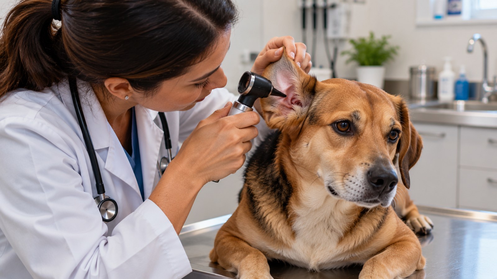Veterinária de jaleco examinando com otoscópio o ouvido de um cachorro deitado na mesa de atendimento