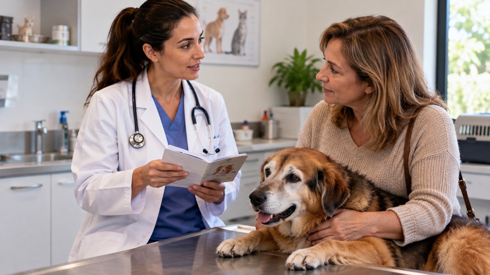 Veterinária de jaleco mostrando a caderneta do animal a uma tutora, com o cachorro deitado na mesa de atendimento