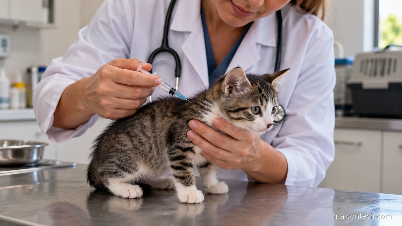 Veterinária de jaleco aplicando vacina num gato filhote sobre a mesa de atendimento do consultório