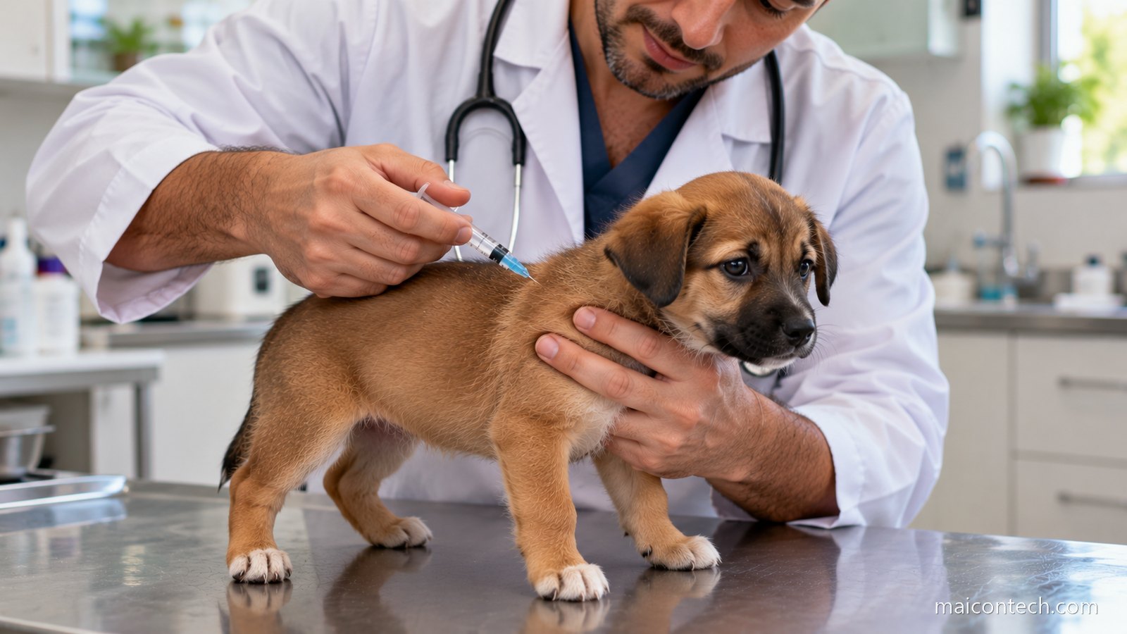 Veterinário de jaleco aplicando vacina num cachorro filhote sobre a mesa de atendimento do consultório